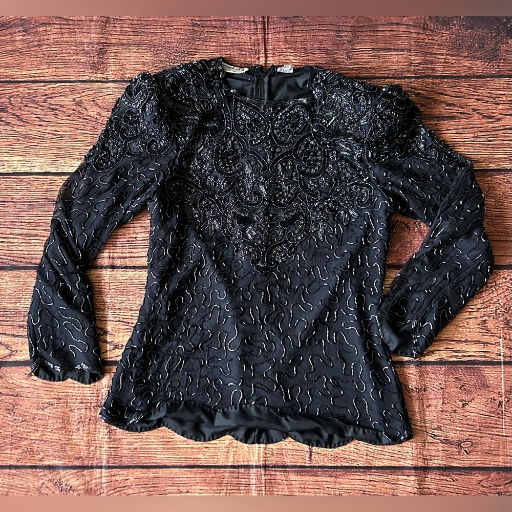 SCALA Vintage Semi-Sheer‎ Black Beaded Silk Top Sz L